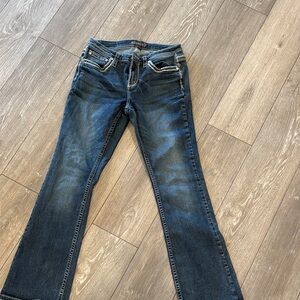 Shyanne Dark Blue Bootcut Jeans with Faded Whiskering